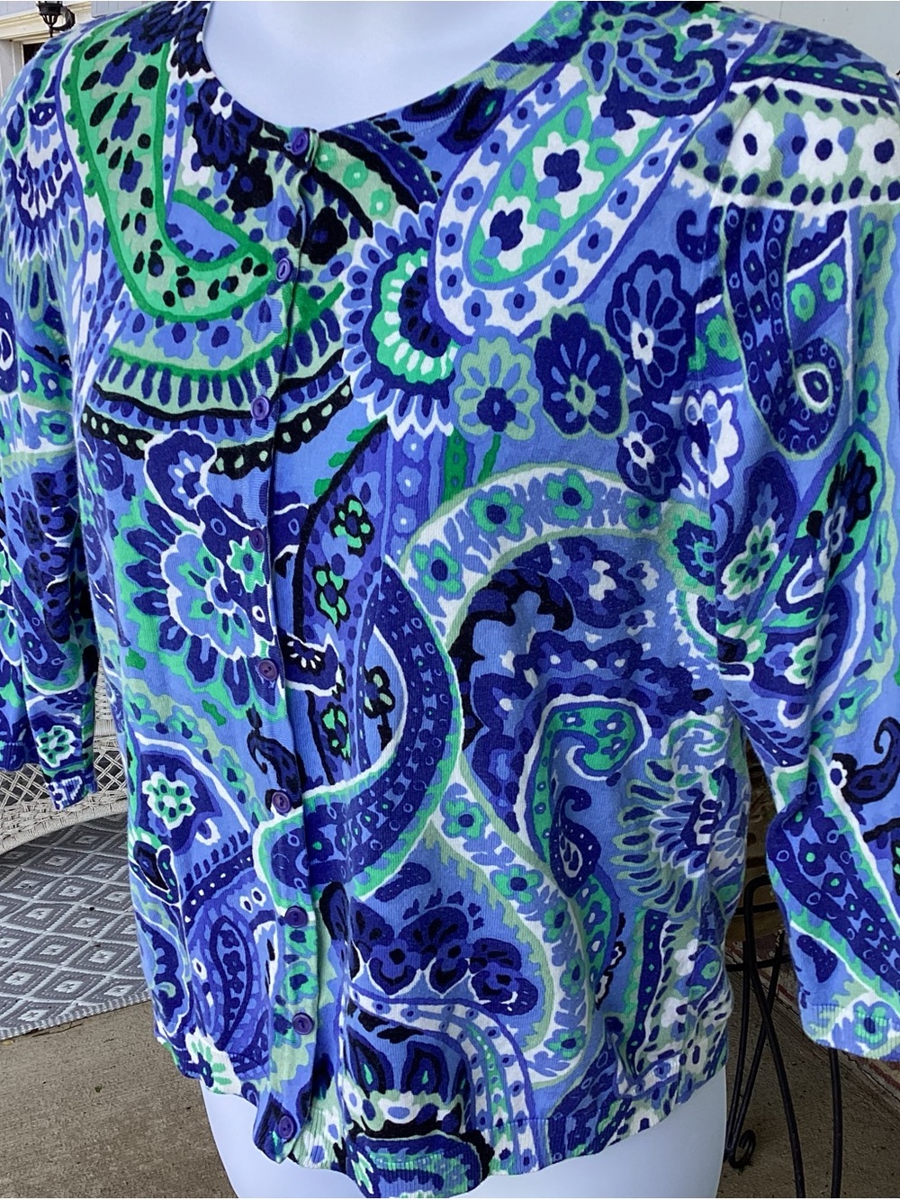 Talbots Blue Green Paisley Three Quarter Sleeve Lightweight Knit Sweater XL NWOT - Picture 4 of 10